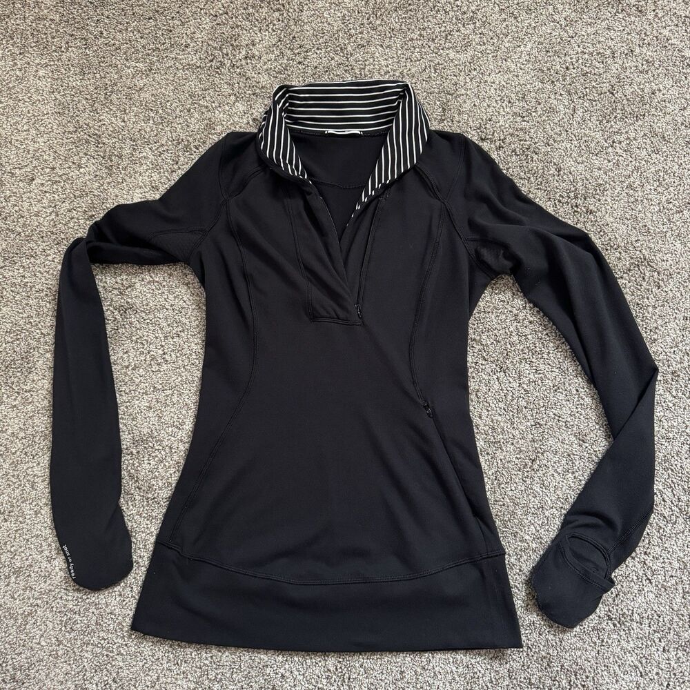 Lululemon Ready or Snot 1/4 Zip Striped Collar Black Pullover Jacket Size 4